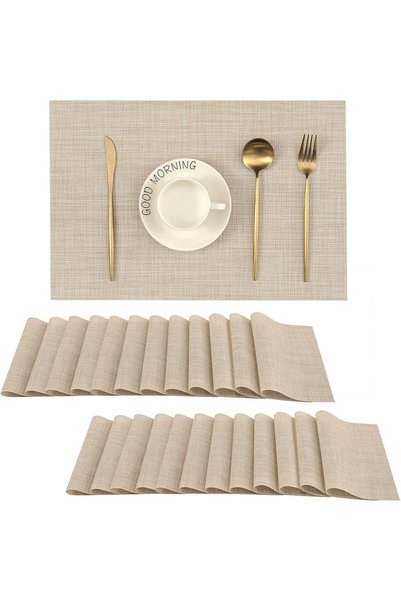 Generic Woven Vinyl Beige Placemats Set of 24, Linen Look & Easy to Clean