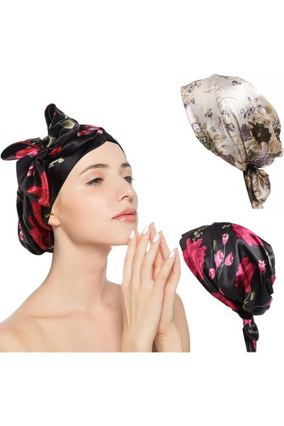 Generic 2 Pcs Satin Bonnet with Tie Band, Elegant Flower Pattern Satin Bonnet...