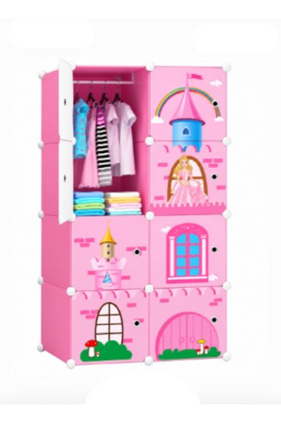 JRH Dulap Modular Copii JRH, 8 Rafturi, 8 Usi, Design Castel cu Printesa, Ote...
