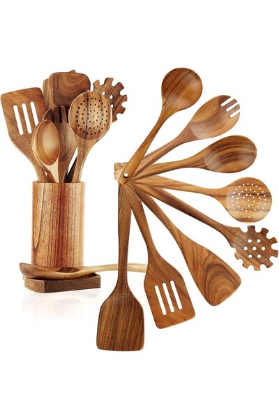 Generic Wooden Spoons for Cooking, 10 Pcs Teak Wooden Cooking Utensil Set wit...