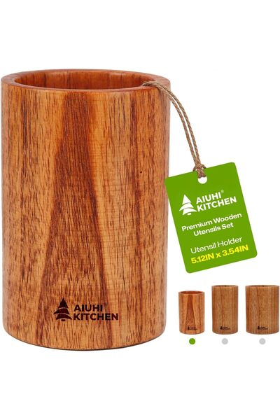 Generic Wood Utensil Holder for Kitchen Counter, Wooden Utensil Crock, Kitche...