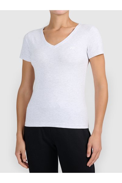4F Tricou de damă slim-fit cu decolteu în V, gri melanj deschis