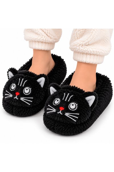 Jagulep Kadın Sevimli Kedi Figürlü Peluş Panduf SİYAH