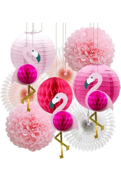 Generic Tropical Pink Flamingo Party Decorations, 11Pcs Pom Poms Honeycomb Ba...