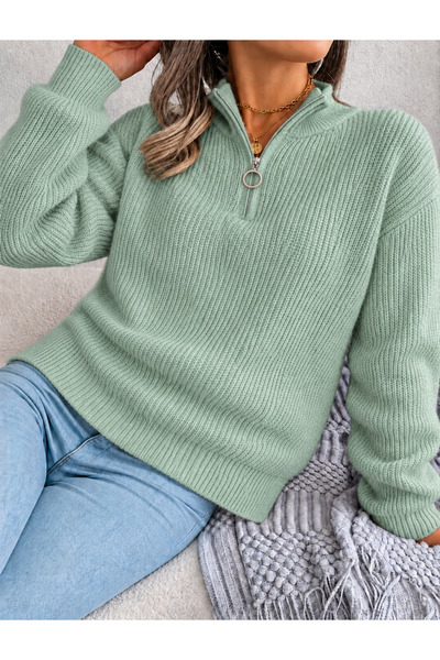 FAVORİST Pulover din tricot pentru femei, cu fermoar parțial, Kpln