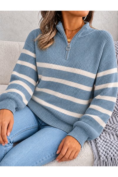 FAVORİST Pulover din tricot pentru femei, cu fermoar parțial, Kpln
