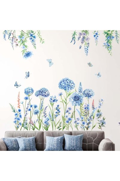 Generic Blue Flowers Wall Stickers - Wildflower Butterflies Grass Floral Wall...