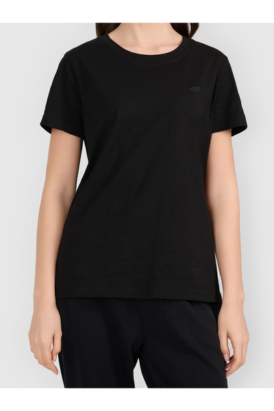 4F Tricou de damă din bumbac, negru, croială normală, mărimea L