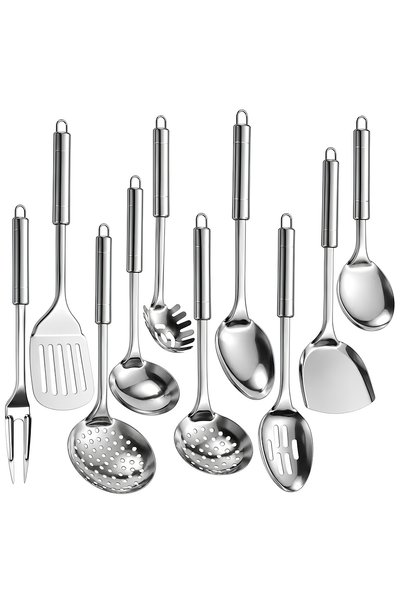 NEVERMORE Set of 10 Stainless Steel Kitchen Utensils, Temperature Resistant, ...