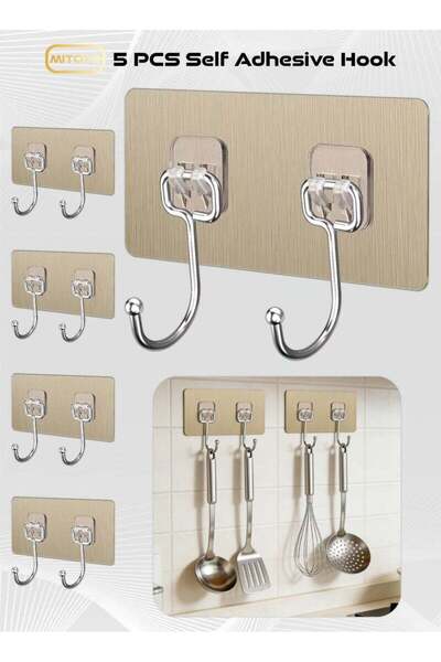 GENERAL MITOYO 5-Piece Wall Hooks - Self Adhesive Hook - Metal Hook - Waterpr...