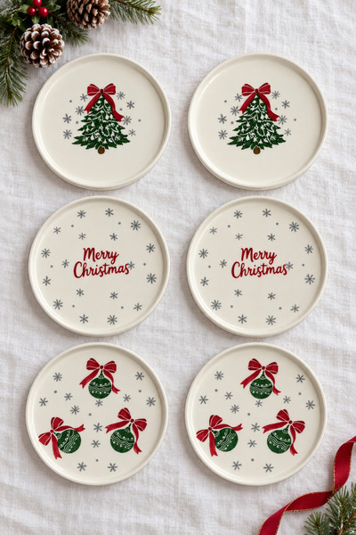 Papart Merry Christmas 6-Piece 20 cm Stackable Ceramic Cake, Dessert, and Ser...