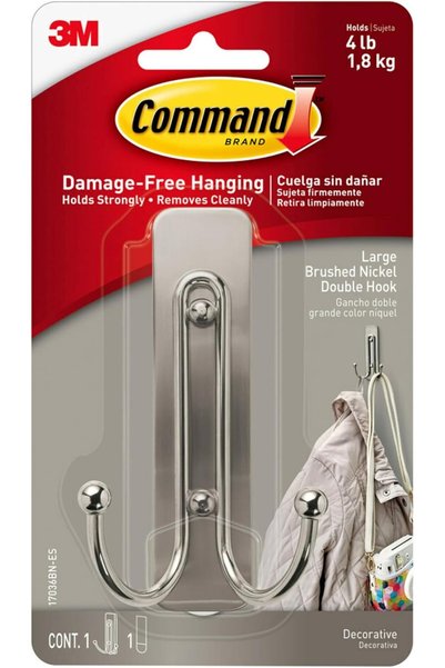 Generic Silver Double Hook, Indoor Use, 1 hook, 1 strip (17036BN-ES)