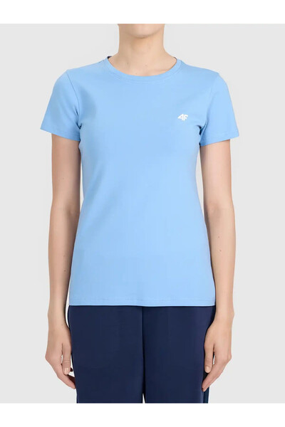 4F Tricou de damă din bumbac, croială slim, albastru denim