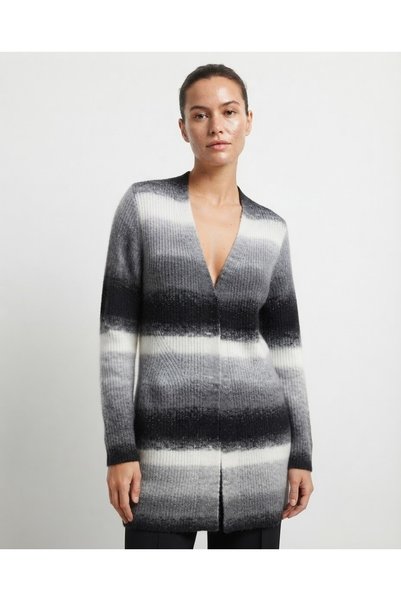 Neden Tekstil Women's Black-Gray-White Striped V-Neck Long Knit Cardigan.