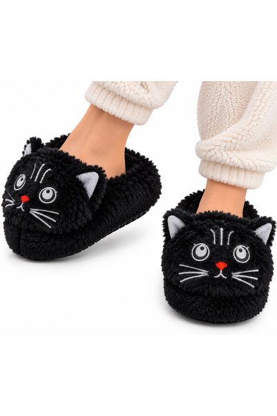 Jagulep Kadın Sevimli Kedi Figürlü Peluş Panduf SİYAH