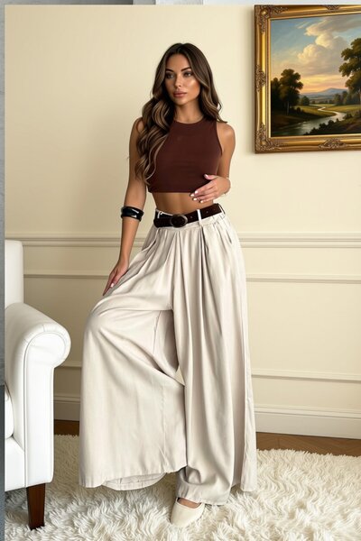 Nana & Mayka Moda Women's Beige Modal High-Waisted Wide-Leg Belted Pants and ...