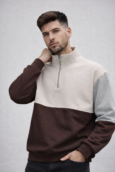 UOMO PARK Men's Color Block Half-Zip Mock Neck Sweatshirt