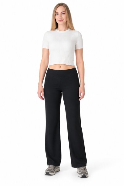 REN Women's black pique fabric high-waisted straight-leg pants.