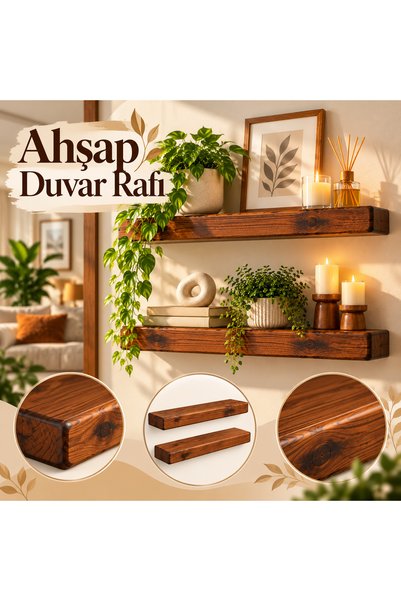 Morıvera Ceviz Rengi Ahşap Duvar Rafı Dekoratif Uçan Raf