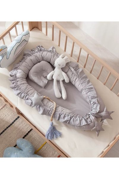 Take Two By Styli Grey Ruffled Portable Baby Nest with Pillow