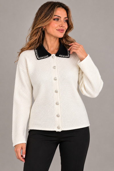 MAG STORES Women's Shirt Collar Sweater with Beaded Details