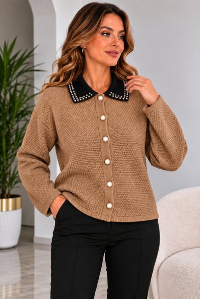 MAG STORES Women's Shirt Collar Sweater with Beaded Details