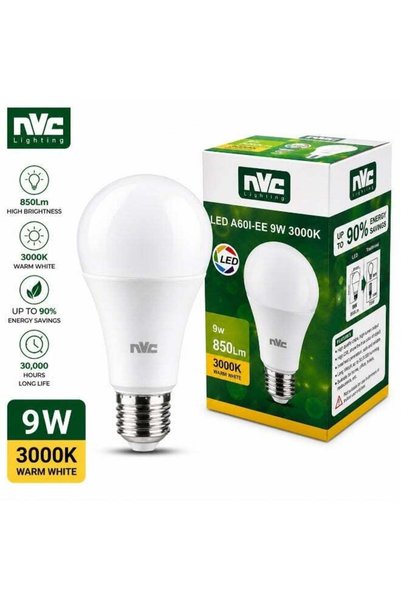 NVC مصباح LED A60I-EE، 9 واط، قاعدة E27، 3000 كلفن، لون أبيض دافئ، 850 لومن، ...
