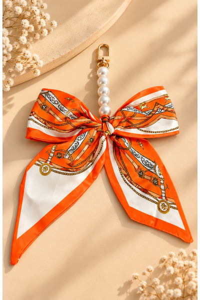 MİLANO BEAUTYS Orange-Patterned Beaded Bow Detail Bag Scarf – Bag Accessory w...