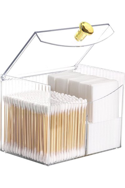 Generic Qtip Holder Dispenser 2-Section Clear Bathroom Organizer 2 Grids Cott...
