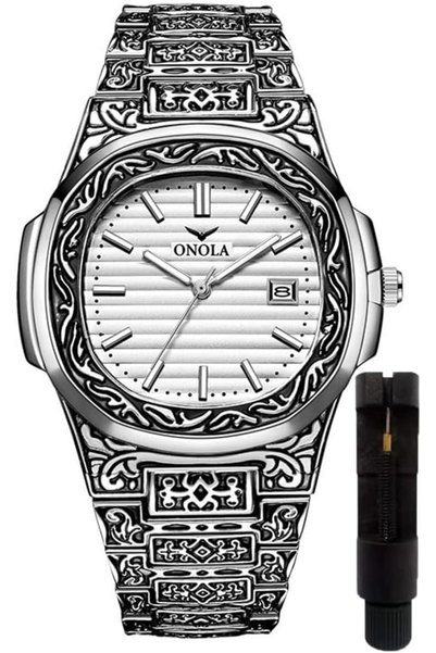 Generic Retro Watches for Men Quartz Watches Tattoo Pattern Carved Stainless ...