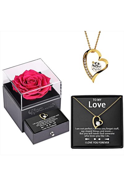 Generic Handmade Eternal Rose with Necklace,Preserved Flower with Gold Love H...