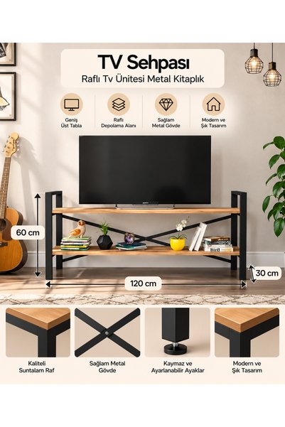 NESU EV Tv Sehpası Raflı Tv Ünitesi Metal Kitaplıklı Televizyon Sehpası Lcd M...