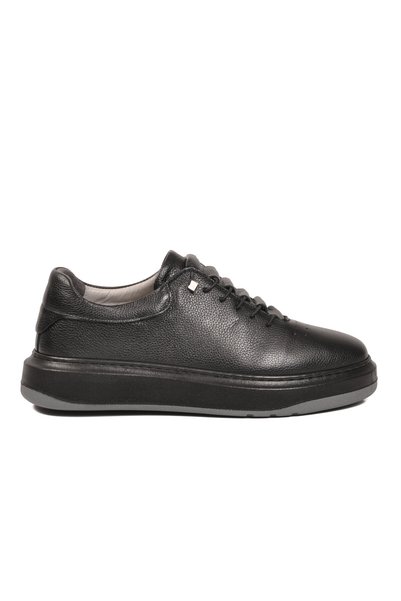 AYAKMOD Black Genuine Leather Men's Sneakers with Elastic Laces, Thick Comfor...