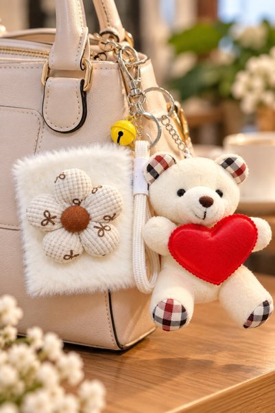 Lexi Bella Mini Plush Teddy Bear-Shaped Bag Charm Keychain and White Plush Fl...