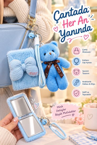 Lexi Bella Blue Plush Teddy Bear-Shaped Bag Charm, Keychain, and Blue Plush B...