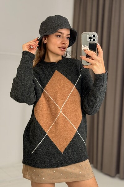 WeShaya Anthracite Diamond Patterned Knit Sweater, Relaxed Fit, Rib Knit, Dro...