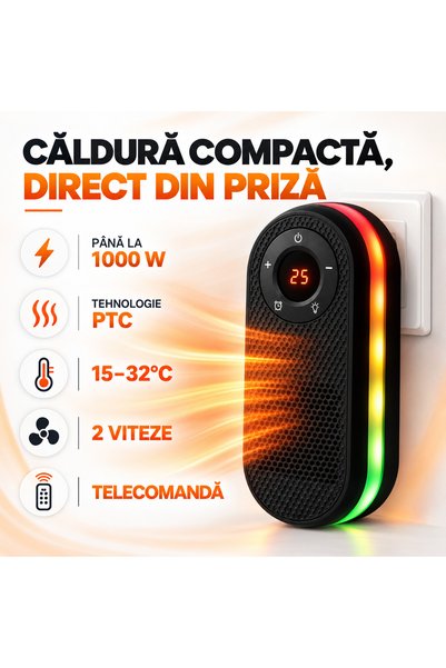 ADM Mini aerotermă electrică de priză, 1000 W, tehnologie PTC, telecomandă, t...