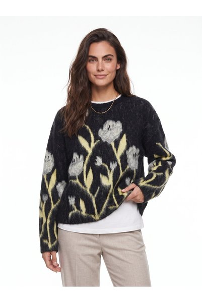 WeShaya Oversized Sweater with Black Floral Print, Brushed Inside, Rib Knit, ...