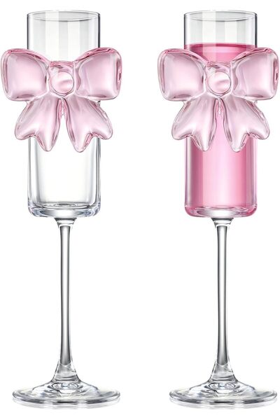 Generic Pink Bow Flutes, Elegant and Clear Glasses with Reinforced Stems, Rom...