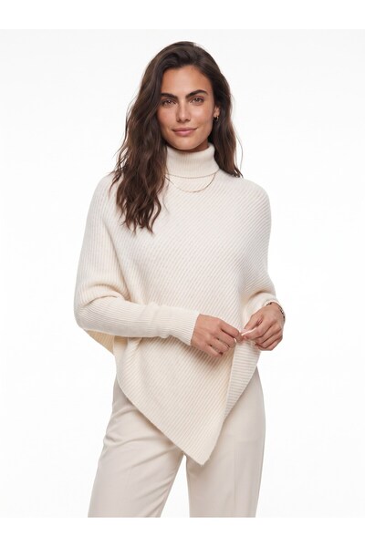 WeShaya Cream Asymmetrical Turtleneck Knit Sweater, Corded Fabric, Drop-Shoul...