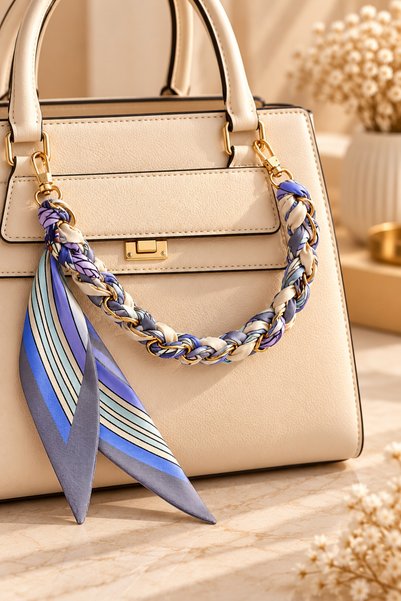 MİLANO BEAUTYS Strappy Bag Strap Accessory – Blue and Lilac Patterned Scarf, ...