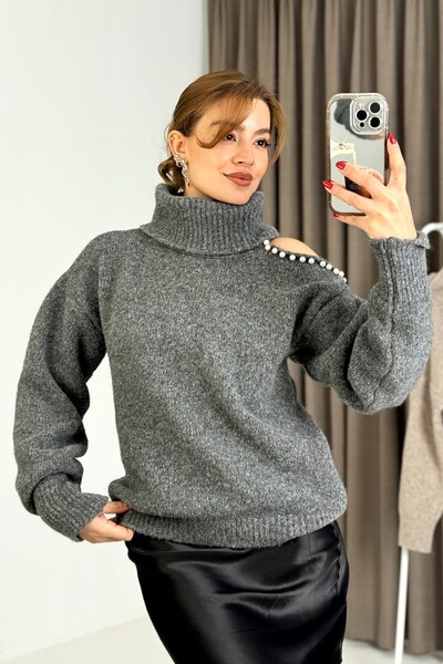 WeShaya Anthracite Pearl-Detail Knit Sweater, Rib Knit, Drop Shoulder, Crew Neck
