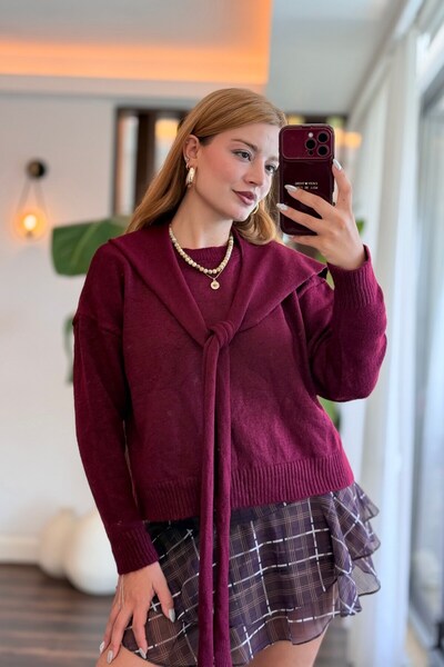 WeShaya Burgundy Patchwork Knit Sweater, Relaxed Fit, Rib Knit, Drop-Shoulder...