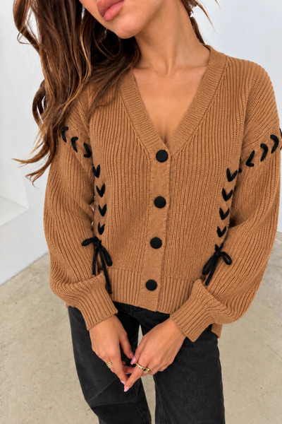 oshebu Camel - Women's V-Neck Knit Cardigan with String Accents