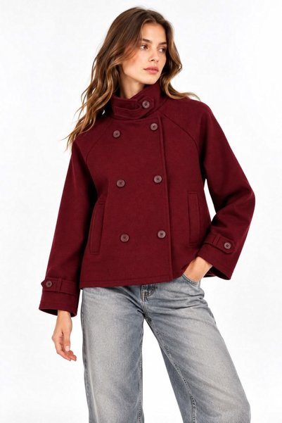 WeShaya Burgundy-Buttoned Lined Coat, Melton, Mock Neck, With Pockets