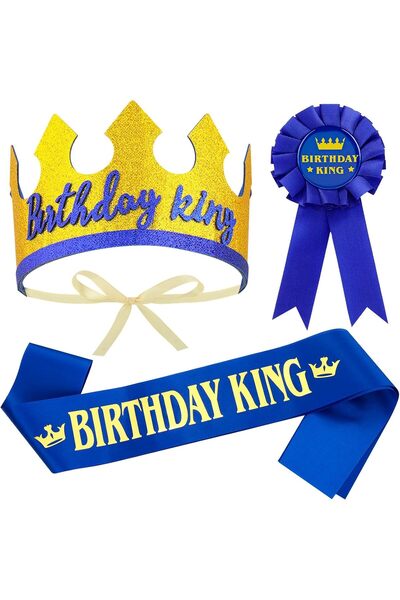 Generic 3PCS Birthday King Crown, Birthday King Sash Tiara and Badge, Blue Bi...