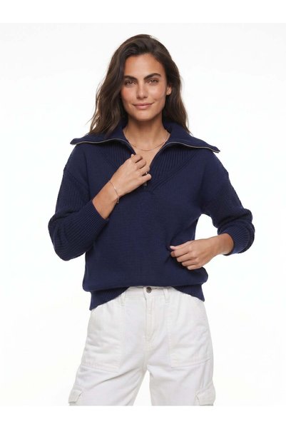 WeShaya Navy Blue Zippered Knit Sweater, Ribbed, Drop Shoulder, Mock Neck