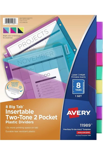 Generic Plastic 8-Tab Two-Tone Binder Dividers with Two Pockets, Insertable B...
