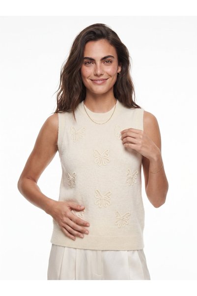 WeShaya Cream-Colored Knit Sweater with Bow Embroidery, Rib Knit, Sleeveless,...