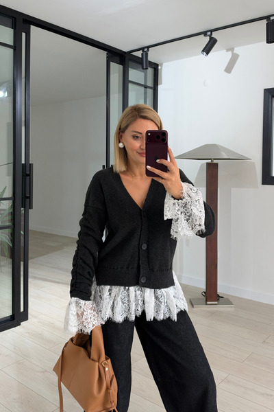 Sezgi Tekin Lace-Detail Anthracite Draped-Sleeve Cardigan